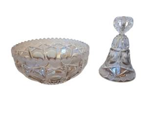 Vintage German Bleikristall Lead Crystal Bowl Featuring a Hand Cut Heart Design Around the Rim with Matching Bell