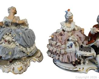 Two Vintage Sandizell Dresden Lace Figurines West Germany