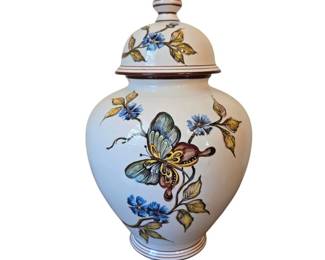Decorative Italian Ceramic Lidded Ginger Jar or Vase with a Hand Painted Floral and Butterfly Design