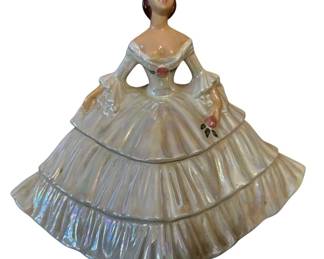 Vintage Lady Figurine in Victorian Bustled White Dress Sitting on Stoll Porcelain Trinket Box
