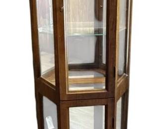 Vintage Lighted Wooden Curio Display Cabinet with Glass Doors and Removable Glass Shelves