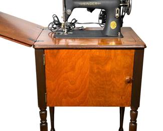 (2pc) SINGER ELECTRIC SEWING MACHINE IN VINTAGE WOOD CABINET