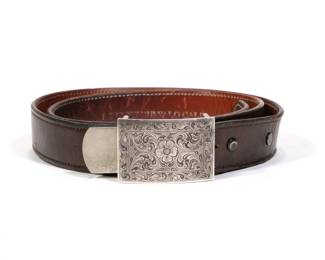 ML STERLING RECTANGULAR FLORAL STERLING SILVER BELT BUCKLE WITH LEATHER BELT