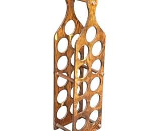 WOODEN 10-BOTTLE WINE RACK WITH TURNED DOWEL HANDLE
