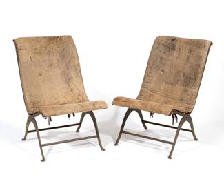 PAIR IRON FRAME SLING PATIO CHAIRS WITH TAN LEATHER SLINGS