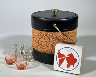 (6pc) Vintage Cork Ice Bucket, Shot Glasses And Coasters