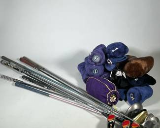 (20pc) ASSORTED PING, CALLAWAY AND SPALDING GOLF CLUBS WITH HEADCOVERS AND TEES