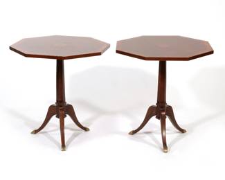 PAIR ITALIAN OCTAGONAL MAHOGANY PEDESTAL SIDE TABLES WITH INLAY