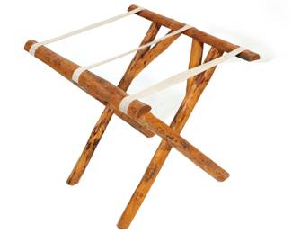 RUSTIC LOG LUGGAGE RACK WITH CANVAS STRAPS