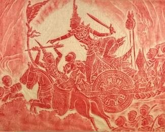THAI TEMPLE RUBBING, RAMAKIEN CHARIOT BATTLE SCENE