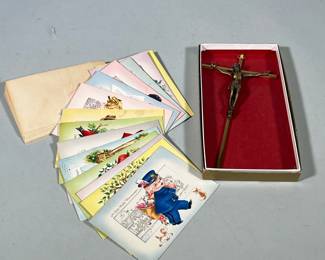 (2pc) VINTAGE GREETING CARD LOT WITH METAL WALL CRUCIFIX