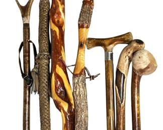 (7pc) GROUP OF HAND-CARVED WOODEN WALKING STICKS AND LEATHER-WRAPPED STAFF
