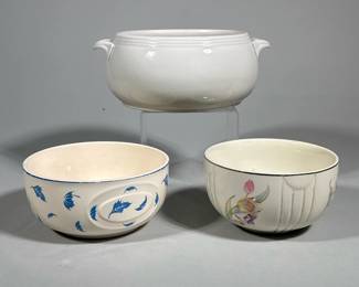 (3pc) THREE VINTAGE POTTERY BOWLS INCLUDING HALL'S SUPERIOR TULIP BOWL AND HAND-PAINTED JAPANESE BOWL