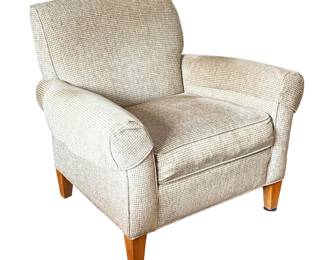 ETHAN ALLEN UPHOLSTERED ARMCHAIR, BEIGE WOVEN FABRIC, TAPERED WOOD LEGS