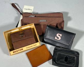 (5pc) LOT OF BAGGALLINI PLAZA MINI CROSSBODY, BUXTON CONTINENTAL CLUTCH, AND ASSORTED WALLETS