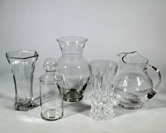 (5pc) ASSORTED CLEAR GLASS AND CUT CRYSTAL VASES, PITCHER AND LIDDED JAR