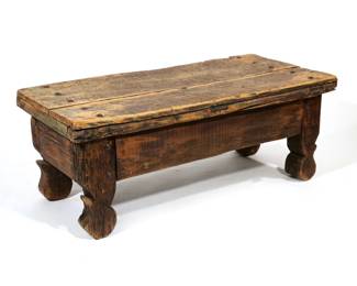 RUSTIC WOODEN LOW TABLE WITH PEGGED PLANK TOP