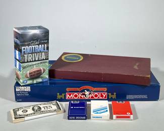 (7pc) ASSORTED LOT: MONOPOLY DELUXE ANNIVERSARY EDITION, SCRABBLE, FOOTBALL TRIVIA & PLAYING CARDS