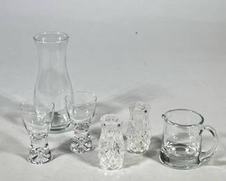 (6pc) ASSORTED GLASS TABLEWARE: ETCHED CARAFE, 2 CORDIALS, CREAMER, & PAIR CUT-GLASS SHAKERS