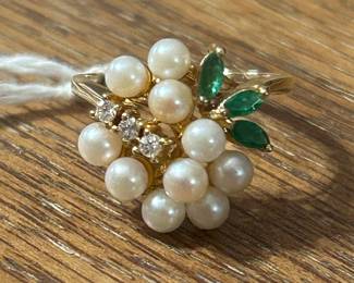 14k gold pearls, emeralds, diamonds