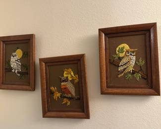 Set of 3 Vintage Needlepoint Owls