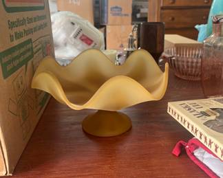 Vintage Viking Yellow Satin Glass Pedestal Dish