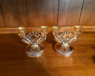 Iris and herringbone Marigold carnival Glass double candle holders