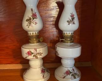 Pair of Tilso White Pink Flowers 10” Tall Porcelain Oil Lamps Japan One broken