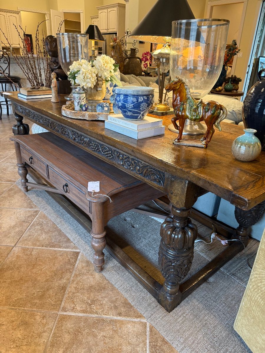 Very large, carved library table, tons of unique accessories 