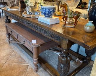 Very large, carved library table, tons of unique accessories