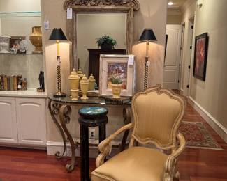Brass twist lamps, French style mirror, Louis XV style arm chair