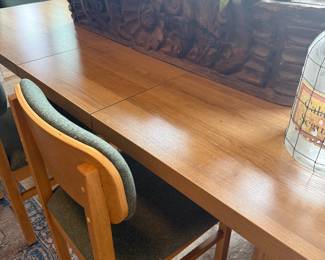 Blonde wood table with leaf, large carved planter