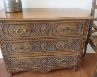 Vintage French country Baker carved wood 3 drawer chest.