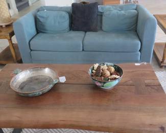Unique custom plank coffee table. Blue sofa bed. Pair of Bausman plank top end tables.