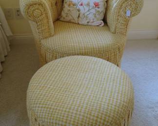 Yelow and white gingham chair and ottoman.