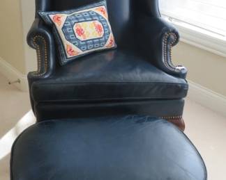 Hancock & Moore navy leather wing back, nail head leatsher chair.