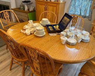 Oak Dining Table with Windor Back Chairs and Gold-Plated Flatware Set