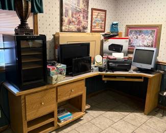 Oak Computer Desk with Matching Hutch, Printer, Monitors, Mini-Fridge, and Accessories