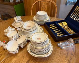 Vintage Noritake "Candice Gold Band" Floral Pattern China Dinnerware Set with Gold-Tone Flatware