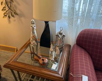 Glass Top End Table with Wooden Frame and Metal Legs