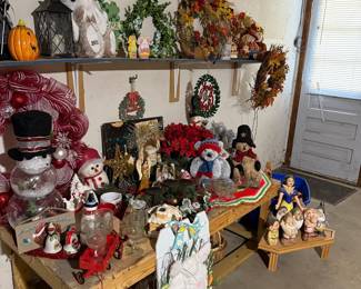 Assorted Holiday and Decorative Figurines and Wreaths