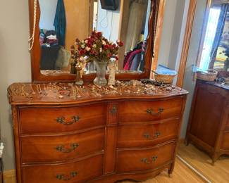 Vintage French Provincial Cherry Wood Serpentine Dresser with Mirror