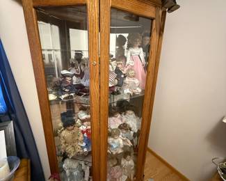 Vintage Oak Corner Curio Cabinet with Dolls