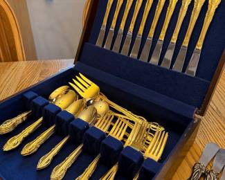 Wallace Golden Countess 24K Gold Plated Flatware Set in Wooden Case