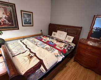 Solid Wood Sleigh Bed Frame with Dresser and Mirror