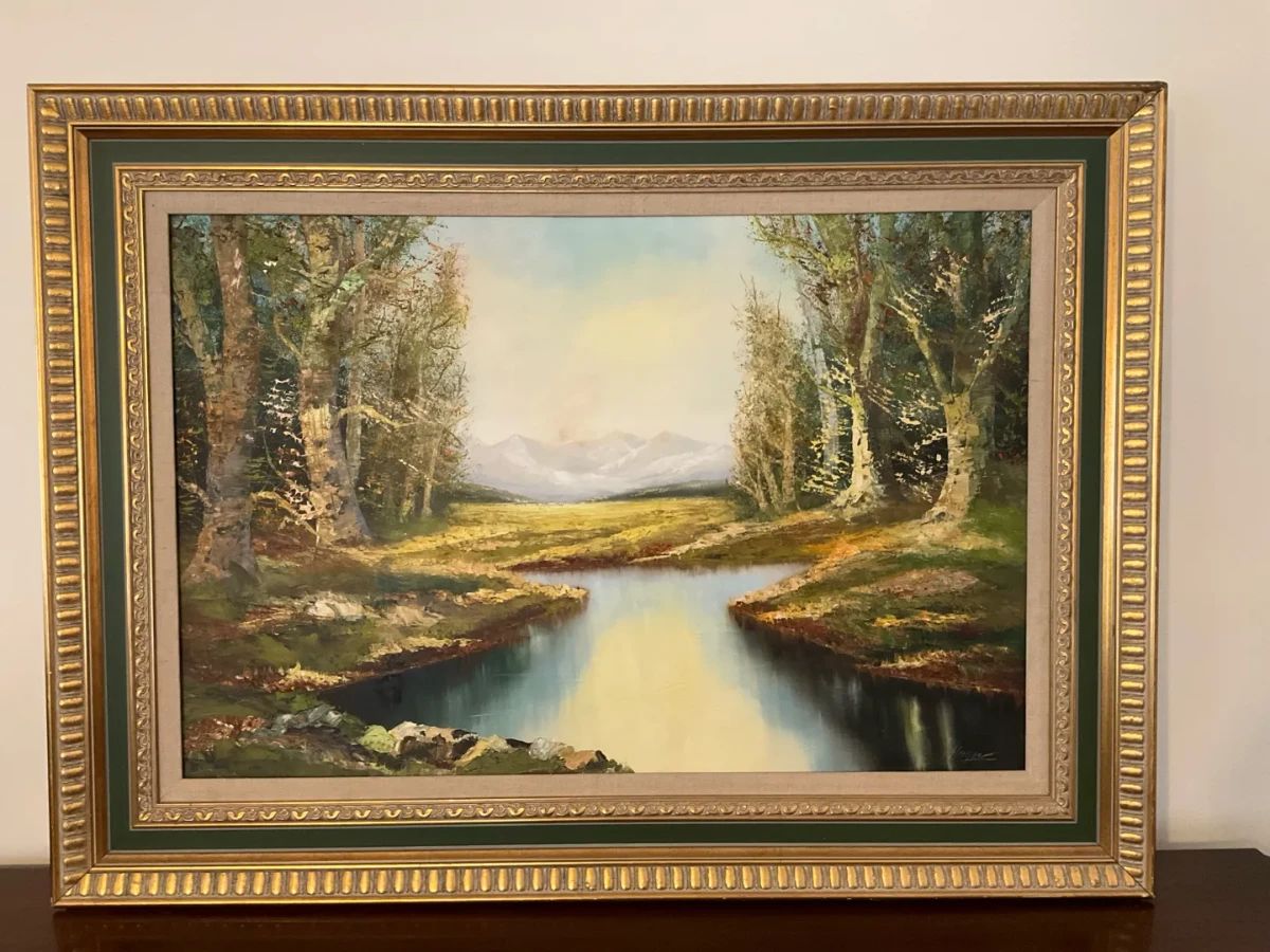 A. Pfluger Framed Landscape Oil Painting European River Scene