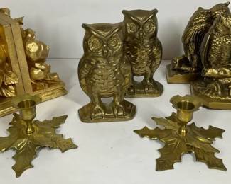 Brass Owl Bookends and Candle Holders Assortment