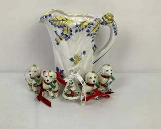 HandPainted Ceramic Pitcher with Dog  Bell Ornaments