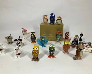 Hand Blown Glass Animal Figurines Owls Dogs Miniature Art Glass Lot