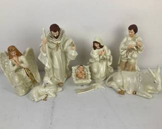 White Porcelain Nativity Figurine Set with Holy Family Angel and Animals